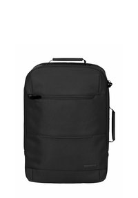 Schwarzer Rucksack aus strapazierfähigem Material, mit glatter Textur, vorderer Reißverschlusstasche und Obergriff für einfaches Tragen.
