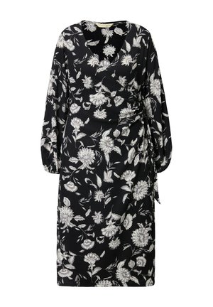 Zwarte wikkeldress met witte bloemenpatronen, lange mouwen, V-hals en een strikceintuur in de taille. Textuurstof met een vloeiende ontwerp.