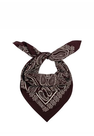 Ciemnobrązowa bandana zawiązana na supeł z białymi wzorami paisley i kwiatowymi, ukazująca trójkątny kształt z ostrymi końcami.