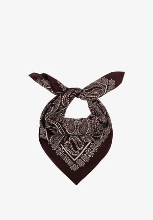 Ciemnobrązowa bandana zawiązana na supeł z białymi wzorami paisley i kwiatowymi, ukazująca trójkątny kształt z ostrymi końcami.