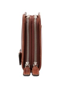 Brown leather wallet featuring dual zippers, textured fabric sides, and a compact shape, with visible stitching and hardware details.