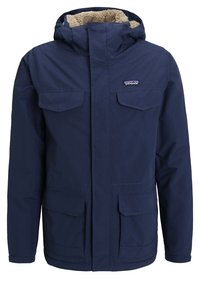 Navy blue jacket with a hood, featuring a soft, textured inner lining, two chest pockets, and a front zipper closure.