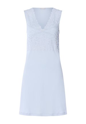 Lichtblauwe jurk met een kanten lijfje, een V-hals en een mouwloos ontwerp. Gladde stof met een ontspannen pasvorm.