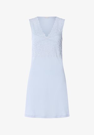 Vaaleansininen mekko, jossa on pitsinen yläosa, V-muotoinen pääntie ja hihaton malli. Sileä kangaspinta ja rento istuvuus.