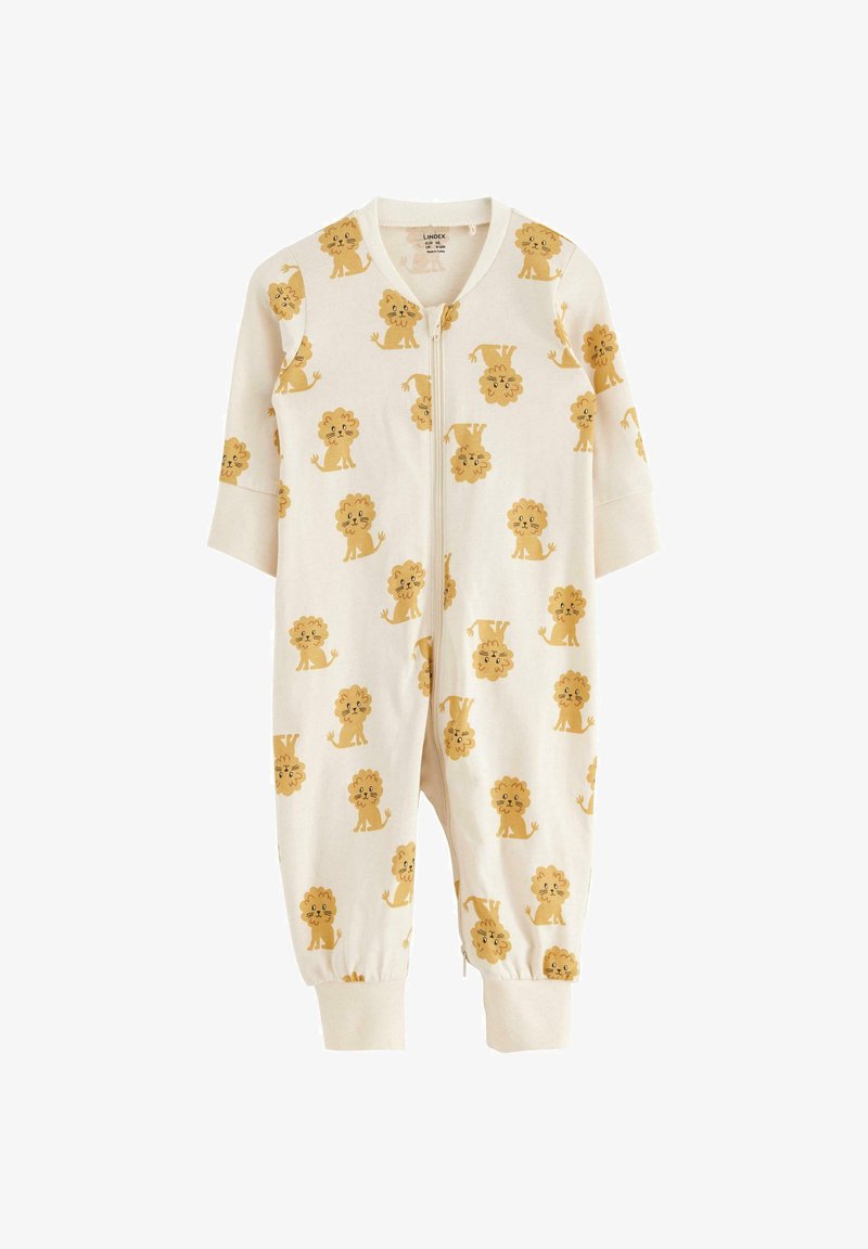 Biały bawełniany ogonek z krótkimi rękawami; zdobiony żółtym nadrukiem lwa w całej powierzchni i zamkiem błyskawicznym z przodu. Elastyczne mankiety przy kostkach.