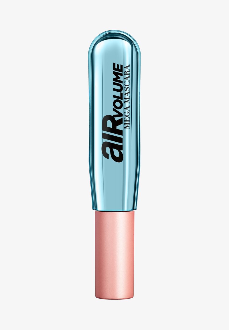 Metallisch lichtblauwe mascarabuis met een taps toelopend ontwerp, voorzien van zwarte tekst "aIr Volume Mega Mascara" en een matte roségouden basis.