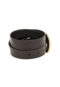 Cintura in pelle marrone con design a doppio avvolgimento, caratterizzata da una superficie testurizzata e fibbia in ottone. Otto fori regolabili visibili lungo la cinghia.