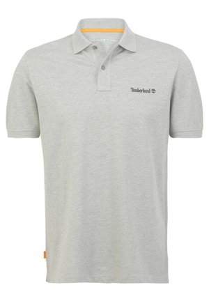 Jasnoszara polo z krótkim rękawem, kołnierzykiem, dwoma guzikami i małym logo Timberland na lewej piersi.