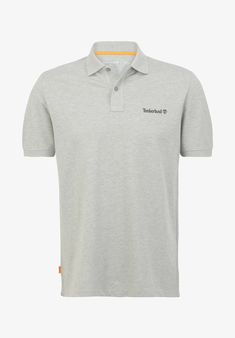 Polo manches courtes gris clair avec col, deux boutons et petit logo Timberland sur le côté gauche de la poitrine.