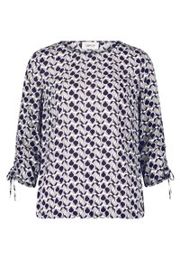 Leichtes, gemustertes Blusenshirt mit rundem Halsausschnitt, marineblauem und weißem geometrischem Druck, 3/4-langen Ärmeln mit Bindebändern. Glatte Textur.