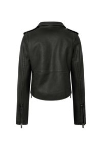 Zwarte faux leren jack, cropped ontwerp met een kraag, ritsmouwen en een gladde textuur. Bevat minimalistische naden en geen zichtbare hardware.