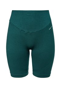 Groene sportshorts gemaakt van elastische stof, met een hoge tailleband en een gestructureerd patroon aan de zijkanten. Geen zichtbare sluitingen.