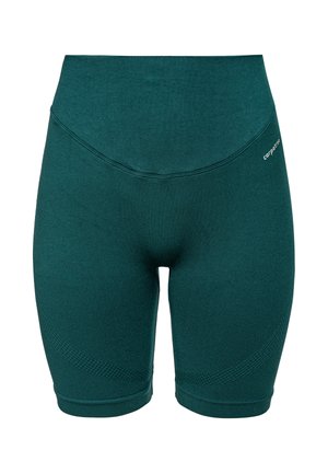 Grüne Sportshorts aus elastischem Stoff, mit einem hohen Bund und strukturiertem Muster an den Seiten. Keine sichtbaren Verschlüsse.