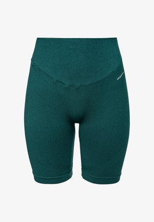 Vihreät urheilushortsit, jotka on valmistettu joustavasta kankaasta. Niissä on korkea vyötärö ja teksturoitu kuosi sivuilla. Ei näkyviä kiinnityksiä.