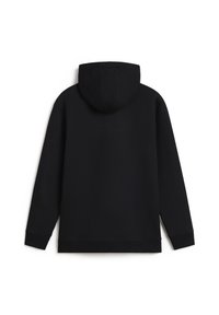 Sweat à capuche noir avec une texture lisse, des manches longues et une coupe décontractée. Pas de graphiques ni de motifs visibles.
