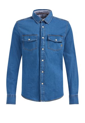 Blaues Jeanshemd mit Button-Down-Kragen, langen Ärmeln, zwei Brusttaschen und silbernen Druckknöpfen. Mit kontrastierenden Nähten.