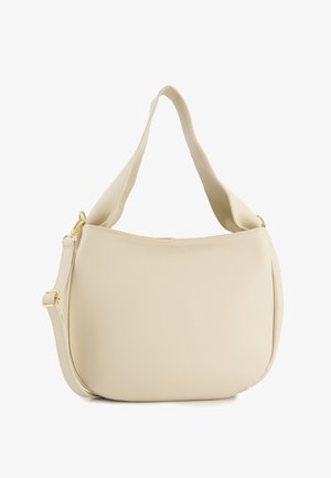 Beige Leder Schultertasche mit glatter Textur, gebogenem Format, einem breiten einzelnen Trageriemen und Beschlägen in goldfarbener Ausführung. Logo sichtbar.