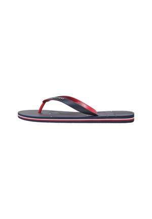 Flip-flop with a navy rubber sole, red and grey straps, textured footbed, and white stripes along the edge. Designed for casual wear.