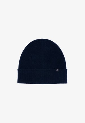 Beanie lavorato a maglia di colore blu navy, realizzato in materiale morbido, con un bordo a coste e un piccolo logo sul lato. Forma arrotondata classica.