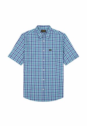Blau-grün kariertes, kurzärmeliges Hemd mit Knopfleiste, Kragen und kleinem Wrangler-Logo-Patch auf der Brusttasche.