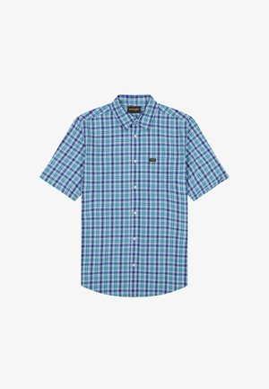 Blauw-groen geruit overhemd met korte mouwen, knoopsluiting, kraag en klein Wrangler-logo op het borstzakje.