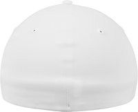 White baseball cap viewed from the back, featuring a smooth texture and a rounded shape with a button on top and ventilation holes.