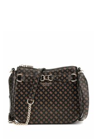 Borsa a mano sintetica nera con motivo logo marrone, hardware in argento, dettaglio con catena, tracolla regolabile e chiusura con zip.