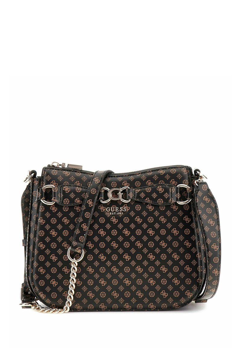 Borsa a mano sintetica nera con motivo logo marrone, hardware in argento, dettaglio con catena, tracolla regolabile e chiusura con zip.