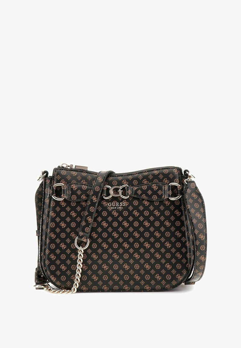 Borsa a mano sintetica nera con motivo logo marrone, hardware in argento, dettaglio con catena, tracolla regolabile e chiusura con zip.