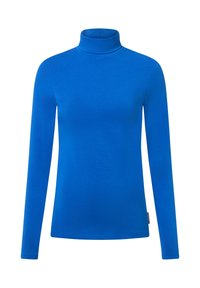Blue long-sleeve turtleneck made of smooth, stretchy fabric. Features a fitted silhouette and a high neck, without patterns or embellishments.