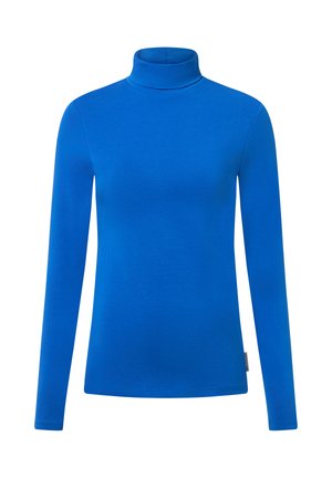 Blue long-sleeve turtleneck made of smooth, stretchy fabric. Features a fitted silhouette and a high neck, without patterns or embellishments.