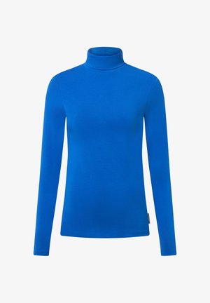 Blue long-sleeve turtleneck made of smooth, stretchy fabric. Features a fitted silhouette and a high neck, without patterns or embellishments.