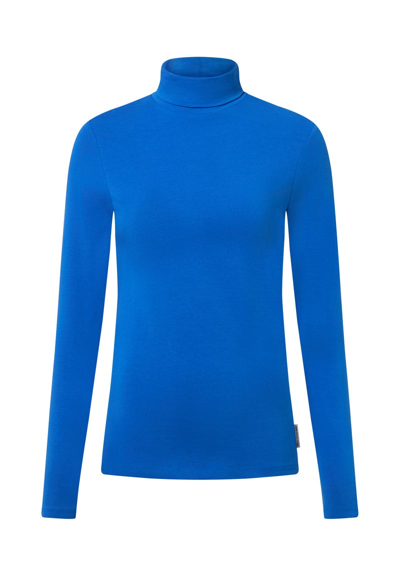 Blue long-sleeve turtleneck made of smooth, stretchy fabric. Features a fitted silhouette and a high neck, without patterns or embellishments.