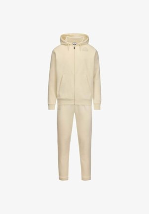 Felpa con cappuccio color crema con cerniera e tasche a marsupio, abbinata a pantaloni jogger coordinati. Tessuto liscio, polsini e fascia in vita elasticizzati, dettagli del logo discreti.