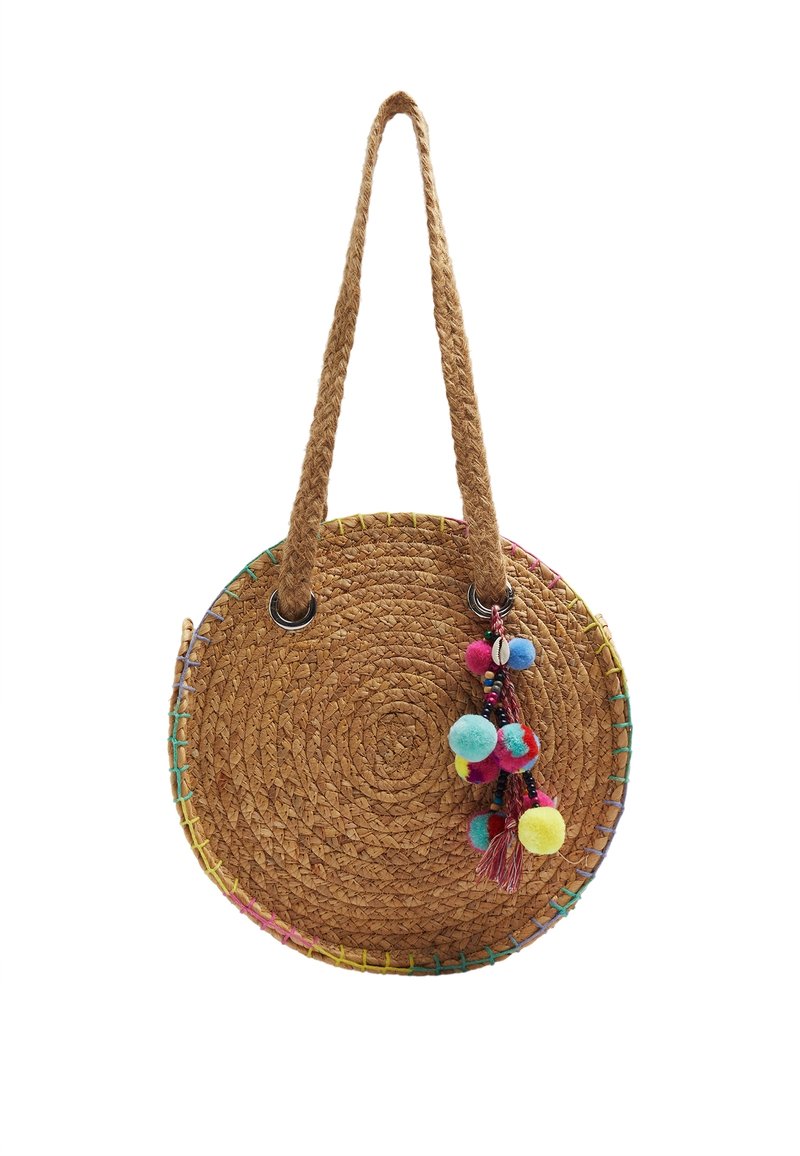 Sac à main rond en paille tissée avec anses tressées et décoration de pompons colorés et de perles, avec bords multicolores cousus.