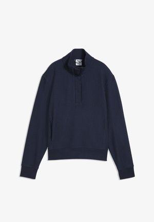 Mørkeblå langærmet pullover med tekstureret stof, en høj krave og en kort lynlås foran, vist på en hvid baggrund.