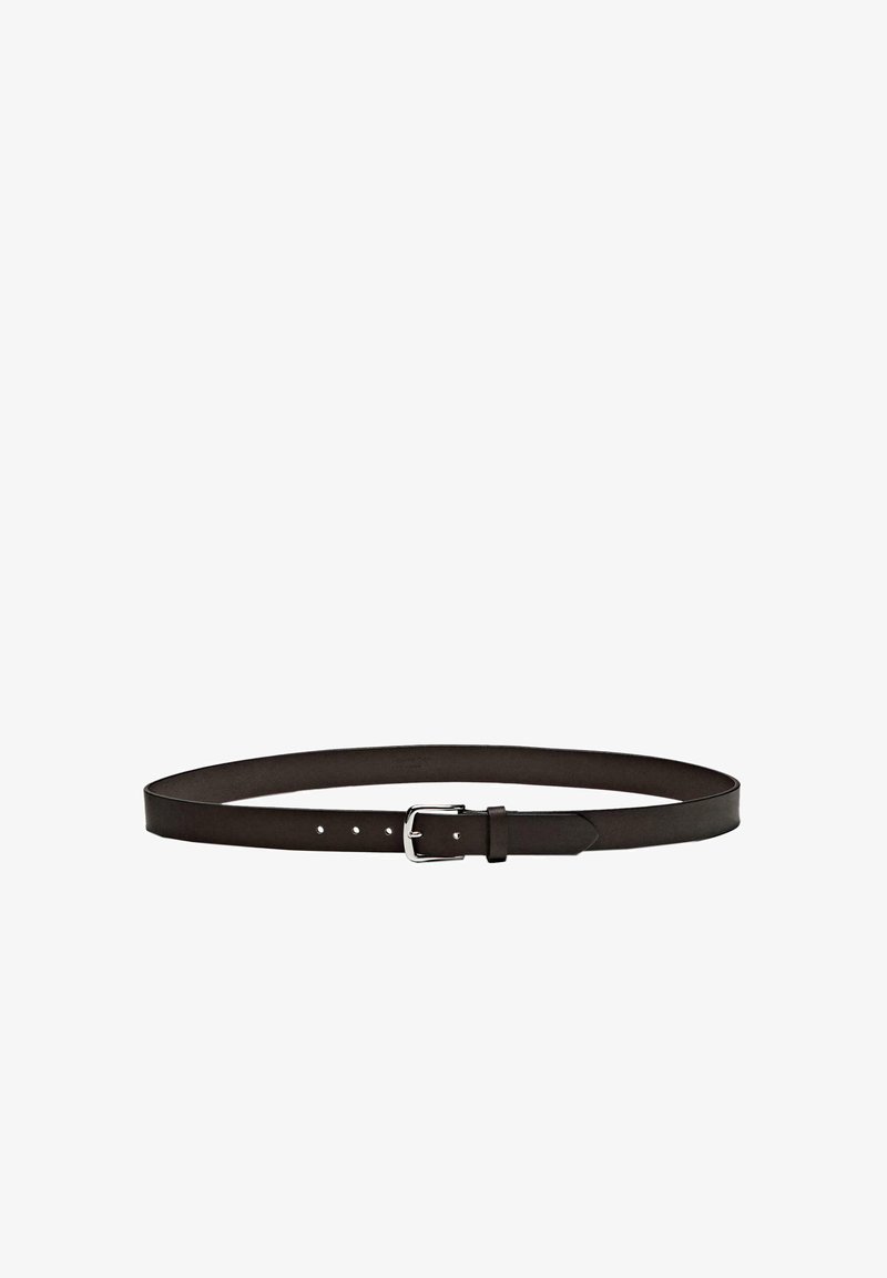 Dark brown leather belt with silver metal buckle lying flat against a white background.