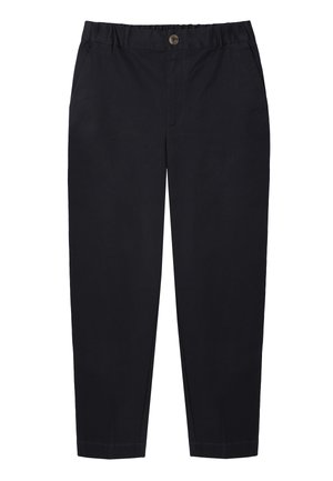 Pantaloni bleu închis din material moale cu talie elastică, prevăzuți cu nasture frontal, picioare conice și două buzunare laterale.