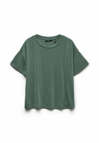 Korte mouwen, losvallend T-shirt in olijfgroen, gemaakt van zachte stof met een ronde hals en een gladde textuur. Geen opvallende patronen.