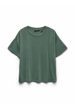 Kortärmad, lös t-shirt i olivgrön, gjord av mjuk tyg med rund hals och slät yta. Inga framträdande mönster.