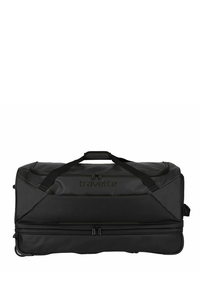 Zwarte reistas van duurzaam materiaal, met ritssluiting, twee bovenhandvatten en een logo op de zijkant gedrukt. Rechthoekige vorm met afgeronde hoeken.