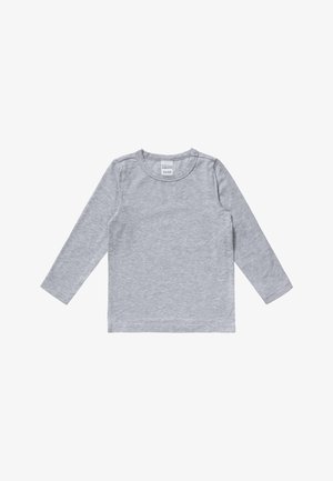 T-shirt grigio a maniche lunghe realizzato in un tessuto morbido e strutturato. Presenta un collo rotondo e dettagli di cucitura lungo le spalle e le maniche.