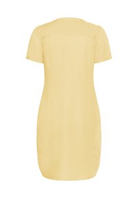 Ärmelkleid in Gelb mit rundem Ausschnitt, aus einem glatten, leichten Stoff und einem lässigen Schnitt. Einfaches Design, keine Muster.