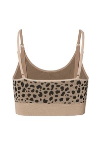 Beige crop top met verstelbare dunne bandjes en zwart luipaardprintpatroon op het middelste gedeelte, geribbeld zoom aan de onderkant.