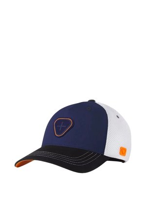 Casquette de baseball bleu marine et blanche avec une visière noire incurvée, une bordure orange et un logo triangulaire avec un signe plus à l'avant.
