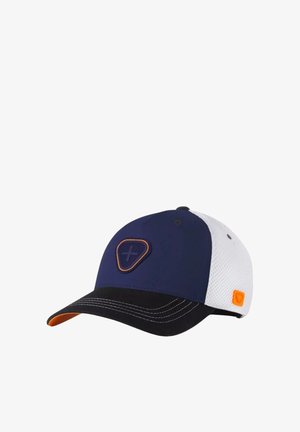 Casquette de baseball bleu marine et blanche avec une visière noire incurvée, une bordure orange et un logo triangulaire avec un signe plus à l'avant.