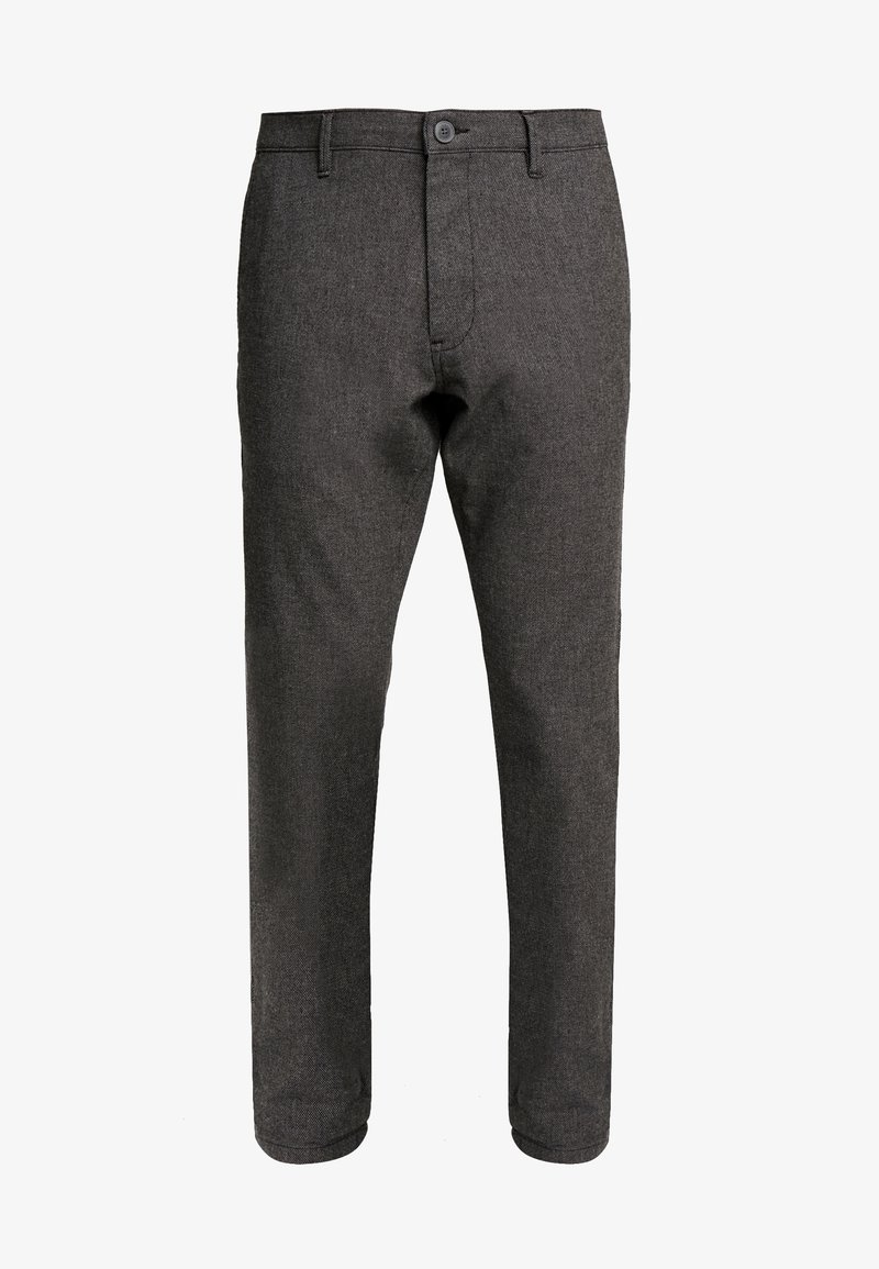 Pantalones gris claro, ajustados, elaborados en una tela texturizada con cierre de botón y pasadores para cinturón, con un diseño limpio y aerodinámico.