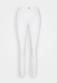 Jean blanc slim avec une texture lisse, design à cinq poches, braguette zippée et un bouton métallique discret. Caractérisé par des jambes droites et effilées.