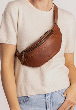 Persoon in een beige trui met korte mouwen en lichtblauwe jeans, met een bruine leren schoudertas over de borst.