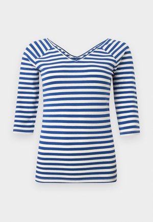 Μπλε και λευκό πουκάμισο με οριζόντιες ρίγες, μακρυμάνικο, με λαιμόκοψη σε σχήμα V και εφαρμοστή γραμμή.